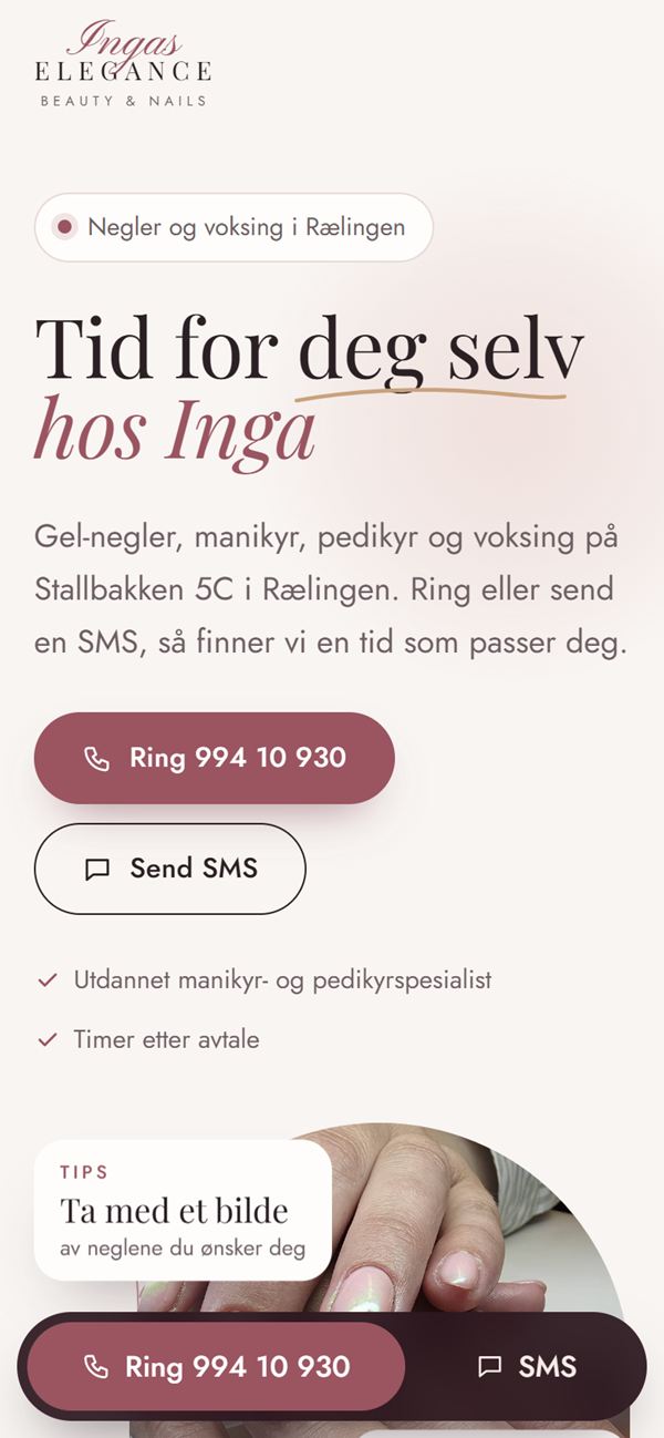 Forsiden til ingaselegance.no vist på mobil, med knapper for å ringe og sende SMS nederst
