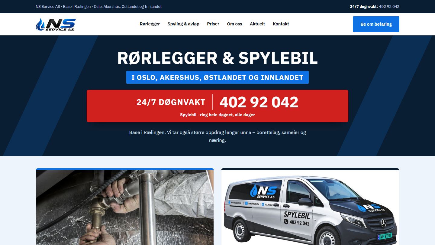 Forsiden til nsservice.no vist på PC