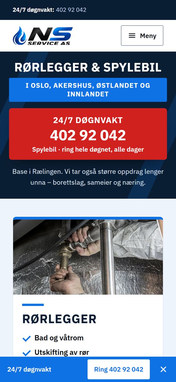 Forsiden til nsservice.no vist på mobil, med ringeknapp for døgnvakt nederst